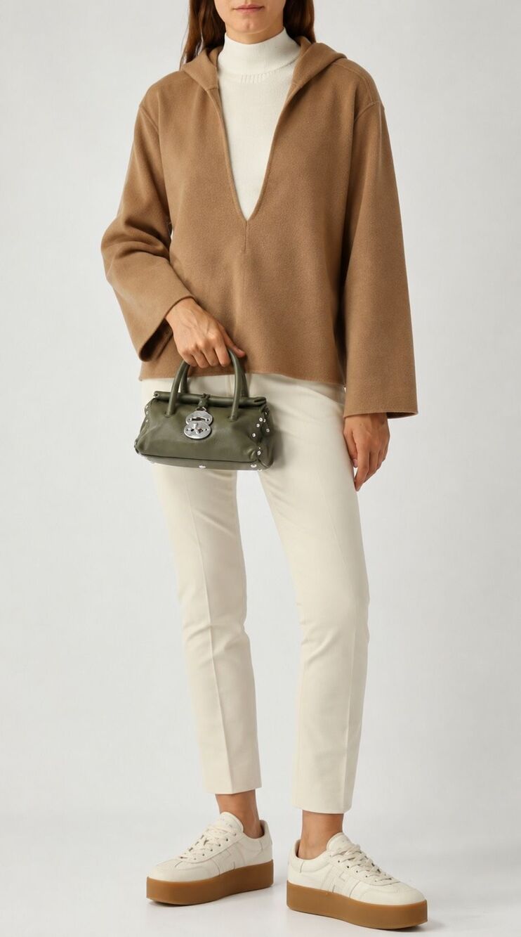 Max Mara Camel Wool, Rabbit Hair & Cashmere Hooded V-Neck Jumper Sweater, Sz 6/3